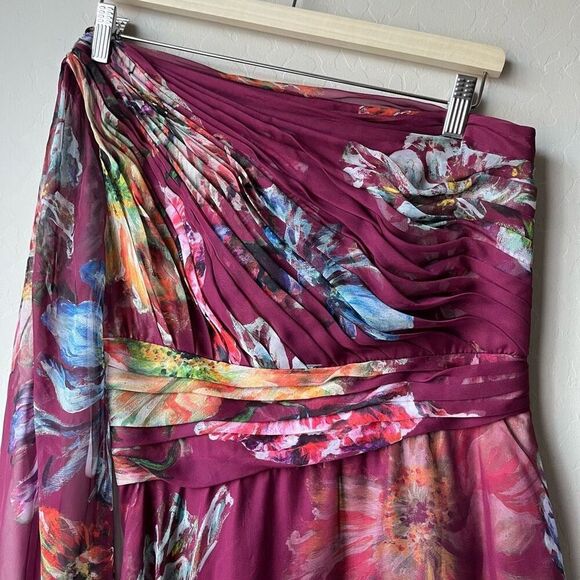 Marchesa Notte Burgundy Floral Print One Shoulder Chiffon‎ Midi Dress Size 2 - Picture 4 of 14
